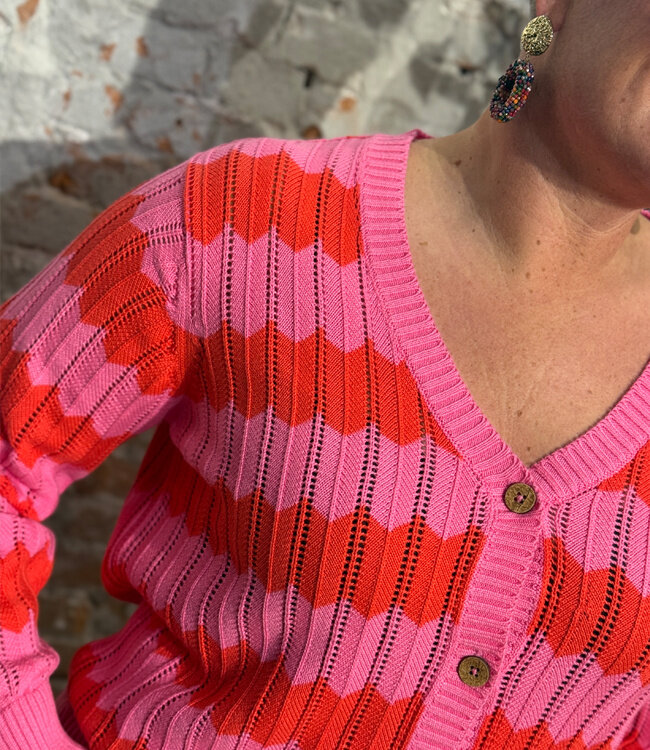 KITE gestreept vest v-hals JOLIE ROZE ROOD biologisch katoen