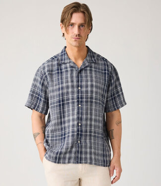 KnowledgeCottonApparel Geruit linnen overhemd STEF NAVY korte mouw KCA