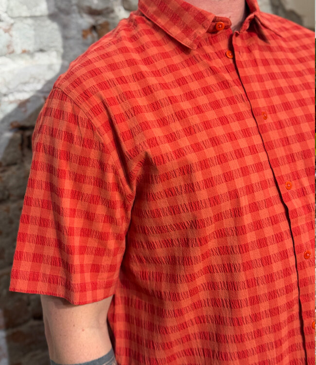 THINKING MU seersucker overhemd PADDY RED bio katoen