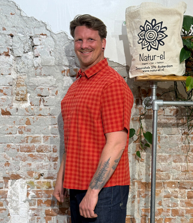 THINKING MU seersucker overhemd PADDY RED bio katoen