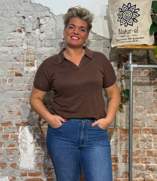 KNOWLEDGE COTTON APPAREL Linnen polo BO CHOCOLATE