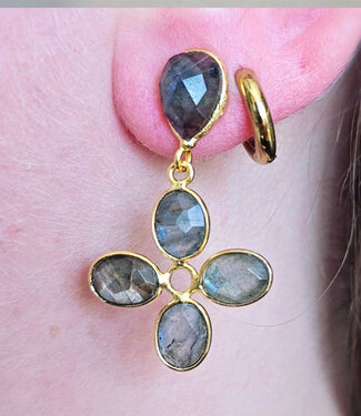 happy lona FAIRTRADE Oorbellen met stenen CLOVER LABADORIET verguld