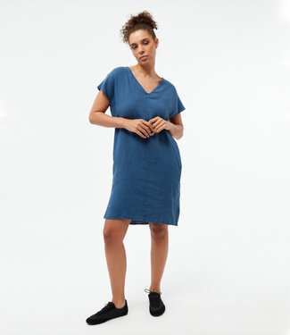 GIVN GIVN linnen v-hals jurk MABELIA BLUE 100% linnen