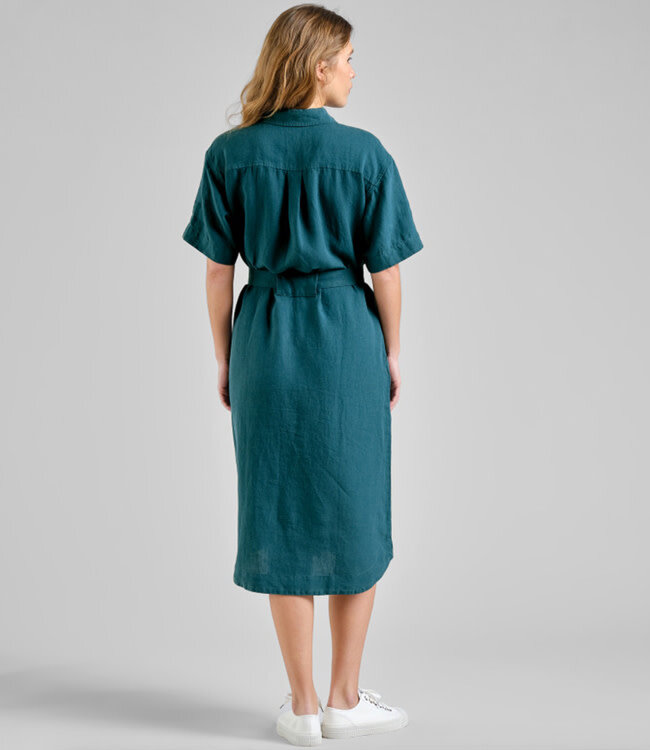 DEDICATED linnen jurk met ceintuur RIPA PETROL GREEN
