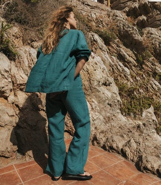 Dedicated DEDICATED lange high waist linnen broek VICKY PETROL GREEN