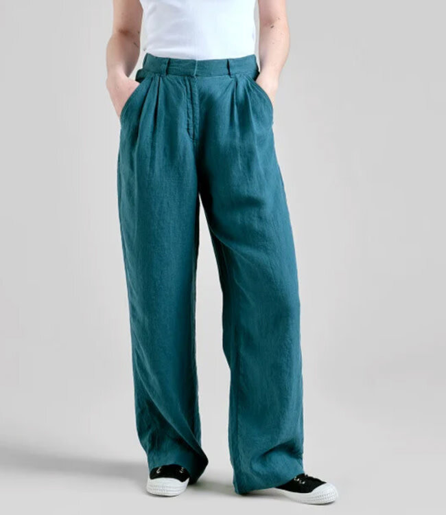 DEDICATED lange high waist linnen broek VICKY PETROL GREEN