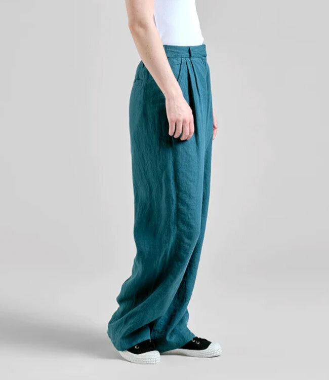 DEDICATED lange high waist linnen broek VICKY PETROL GREEN