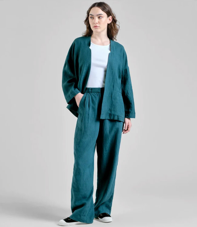 DEDICATED lange high waist linnen broek VICKY PETROL GREEN
