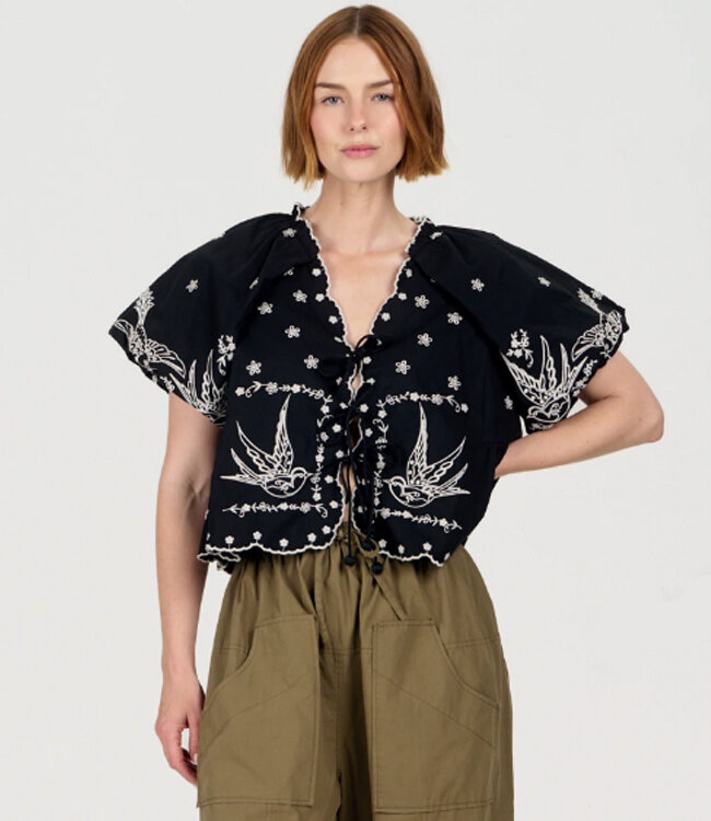 KOMODO geborduurde blouse BEATRIX BLACK biokatoen