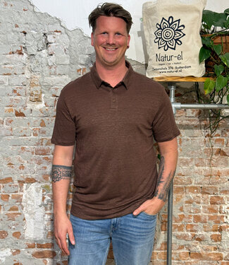 KnowledgeCottonApparel Pure Linnen polo shirt ROWAN CHOCOLATE kca