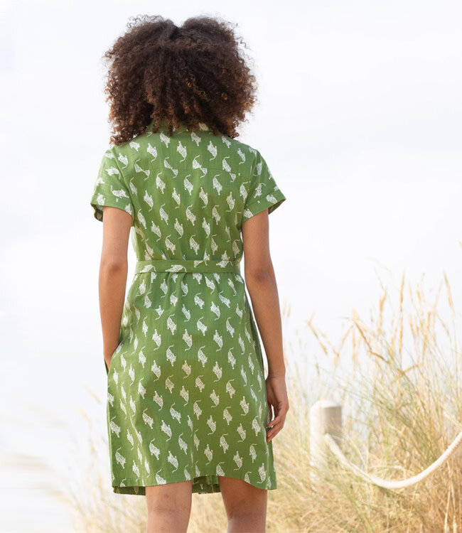 KITE jurk met ceintuur LEOPARD GREEN biologisch katoen