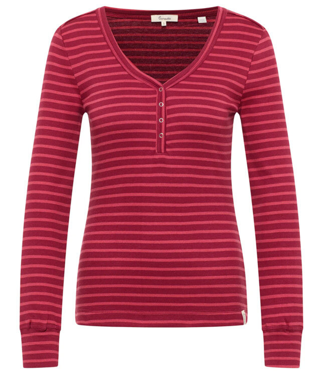 TRANQUILLO gestreept v-hals shirt SILVIE RED met knoopjes tencel