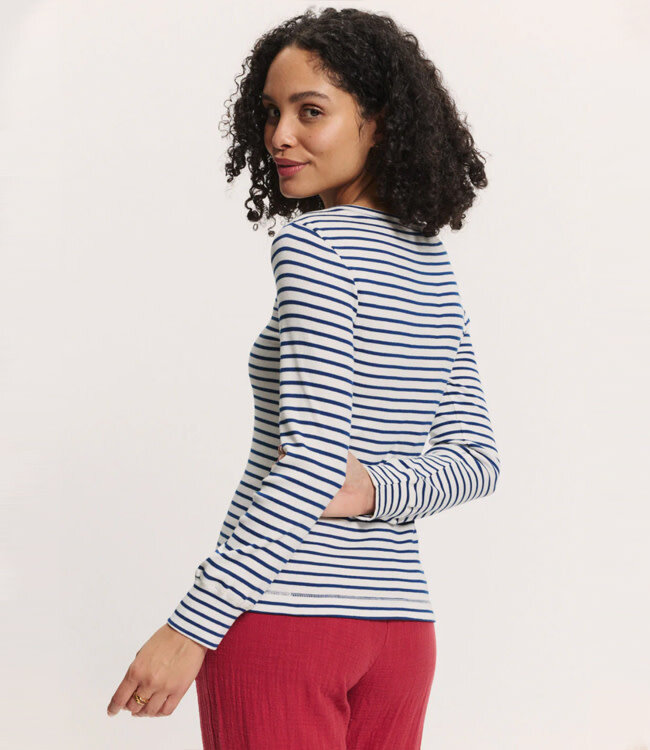 TRANQUILLO gestreept v-hals shirt SILVIE BLUE met knoopjes tencel