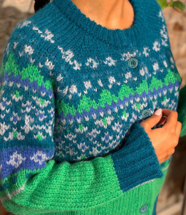 AIKUSS gekleurd wollen vest EMILIA GREEN TEAL van alpaca