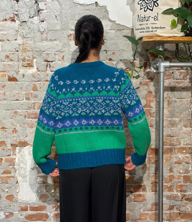 AIKUSS gekleurd wollen vest EMILIA GREEN TEAL van alpaca