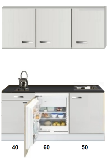 Kitchenette 150cm met inbouw koelkast van 60cm KIT 1555 Kitchenette 150cm met inbouw koelkast van 60cm KIT 1555