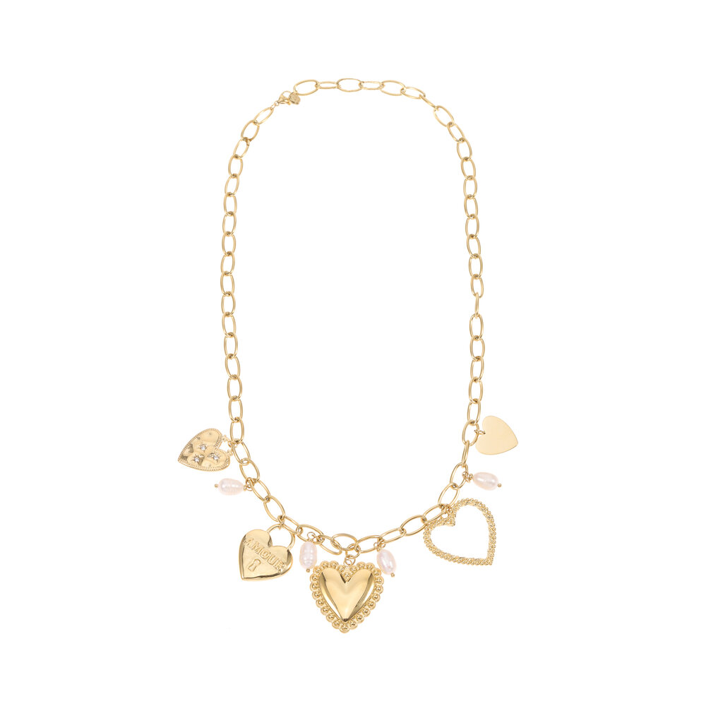 Rose & Camellia AMOUR PEARL & HEARTS NECKLACE - GOLD