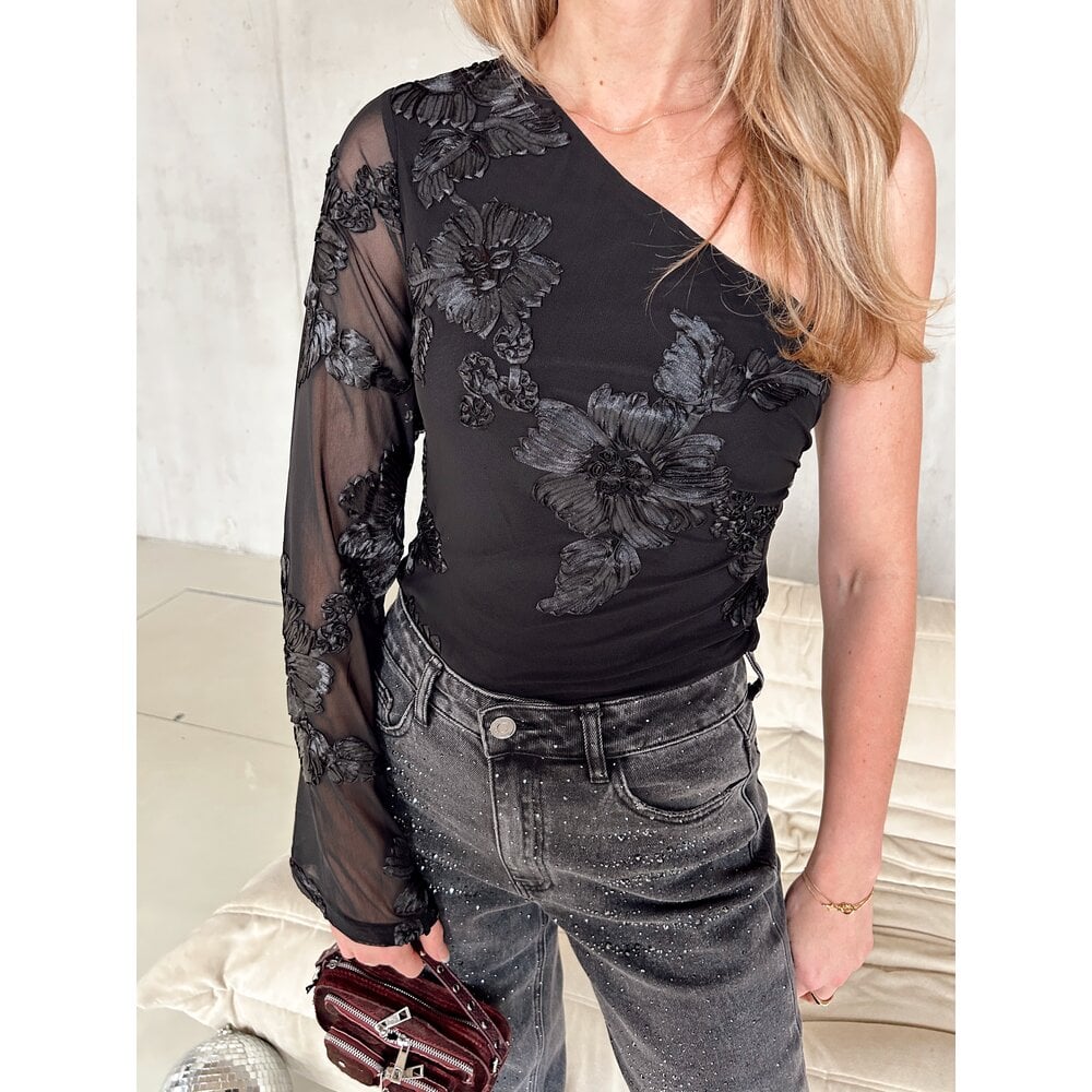 FRIANA BIG FLOWER MESH BLOUSE - BLACK Neo Noir FRIANA BIG FLOWER MESH BLOUSE - BLACK