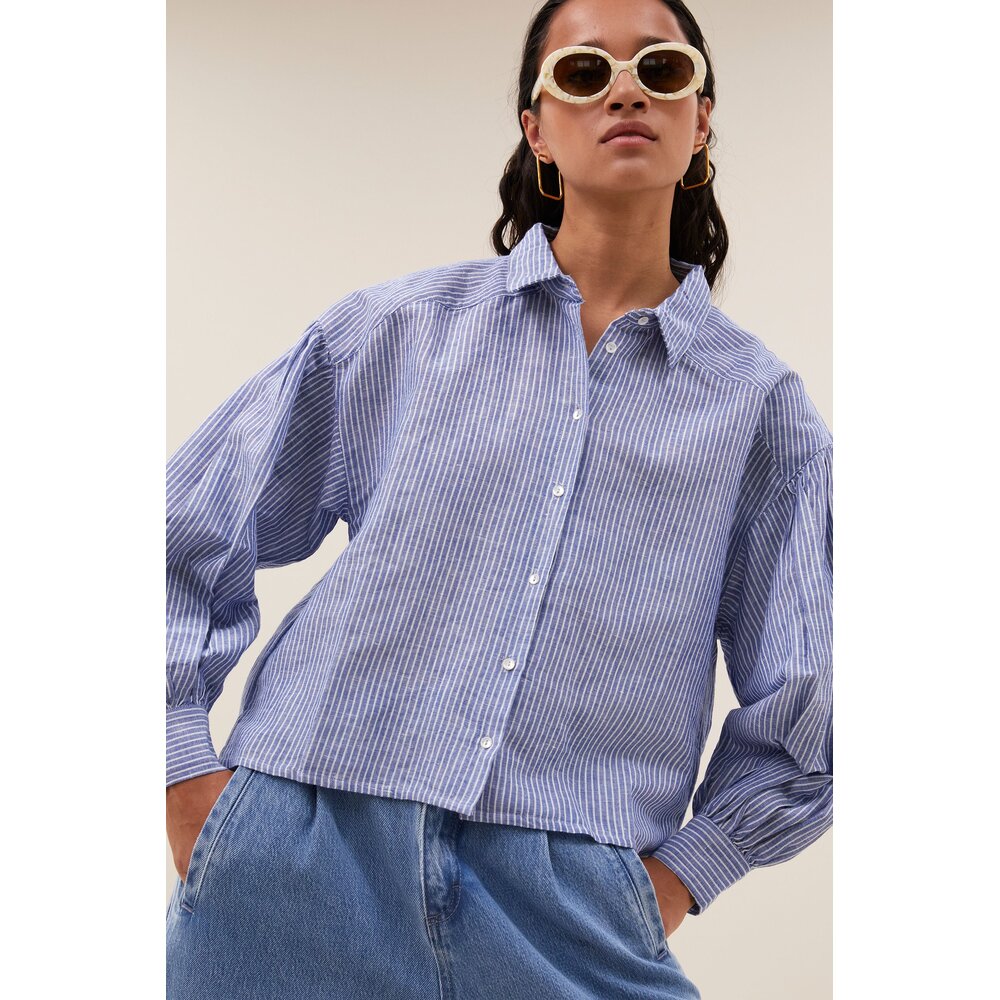 SARAH SHORT LINEN BLOUSE - BLUE STRIPE BY BAR SARAH SHORT LINEN BLOUSE - BLUE STRIPE