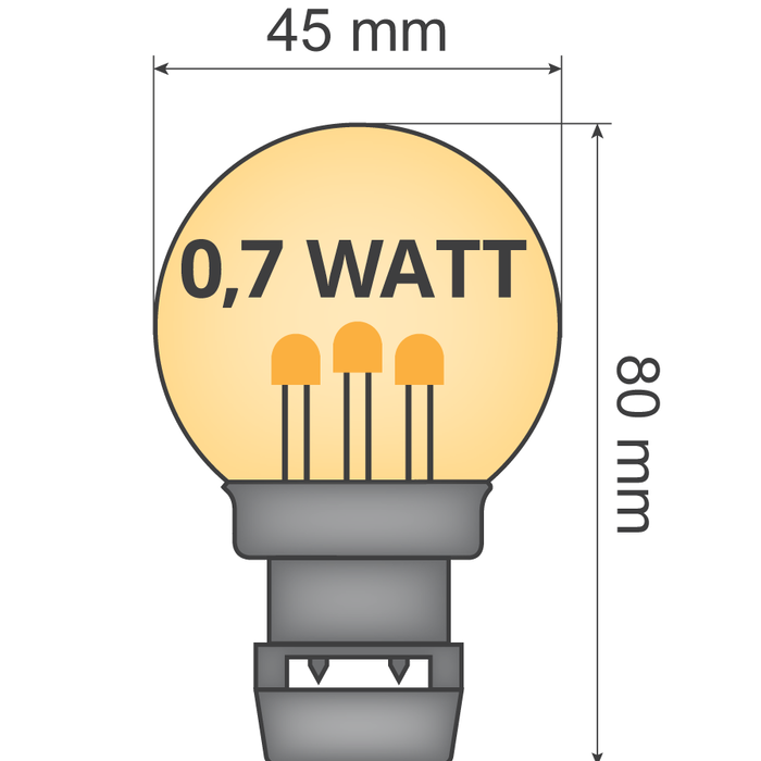 Lichterkette mit geklebten Glühbirnen (keine E27-Fassung) - 0,7W LEDs an langen Stäben