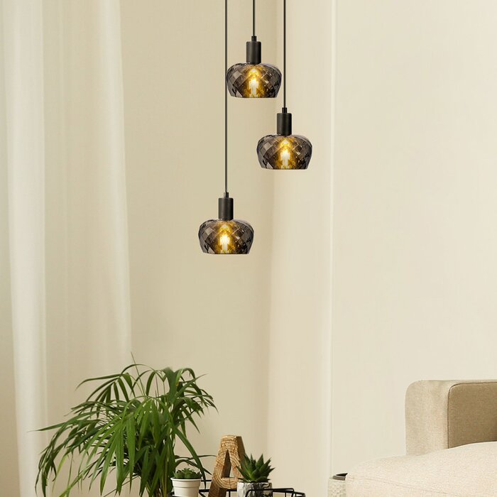 Mat zwarte hanglamp met smoke grijs glas 3-lichts  - Reno