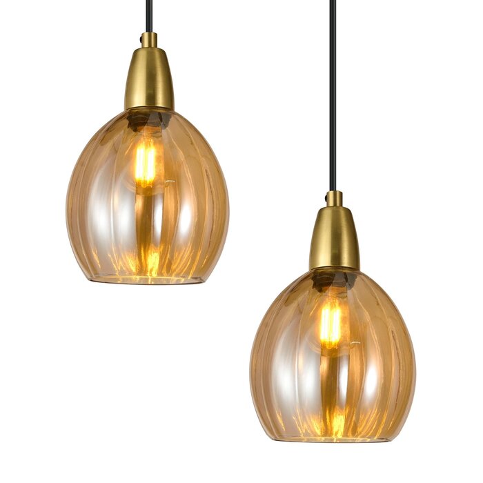 Design mat zwarte met zandgouden hanglamp en amberkleurig glas 5-lichts - Baton