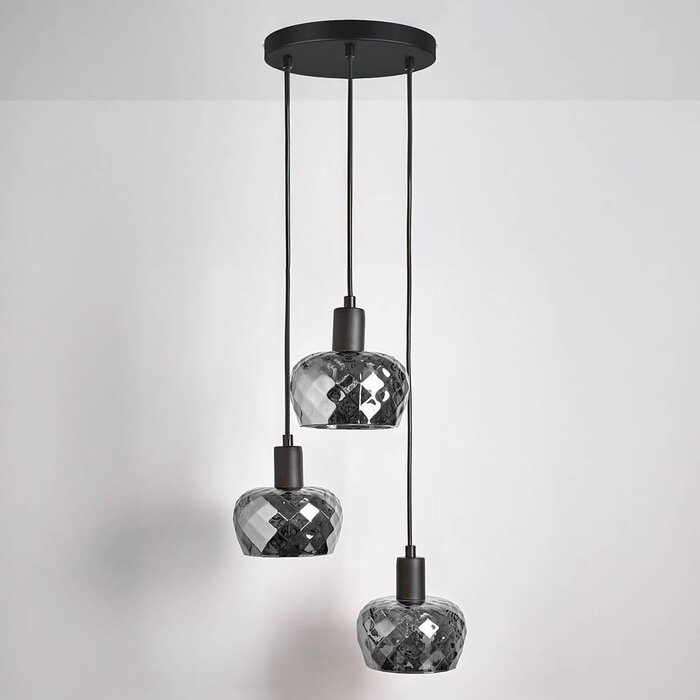 Mat zwarte hanglamp met smoke grijs glas 3-lichts  - Reno