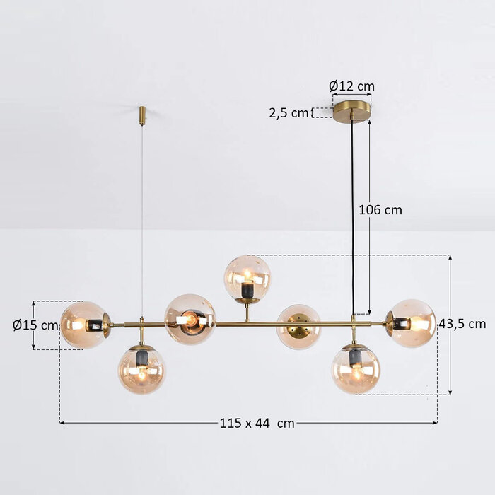 Design hanglamp Hepta 7-lichts met amber glazen bollen