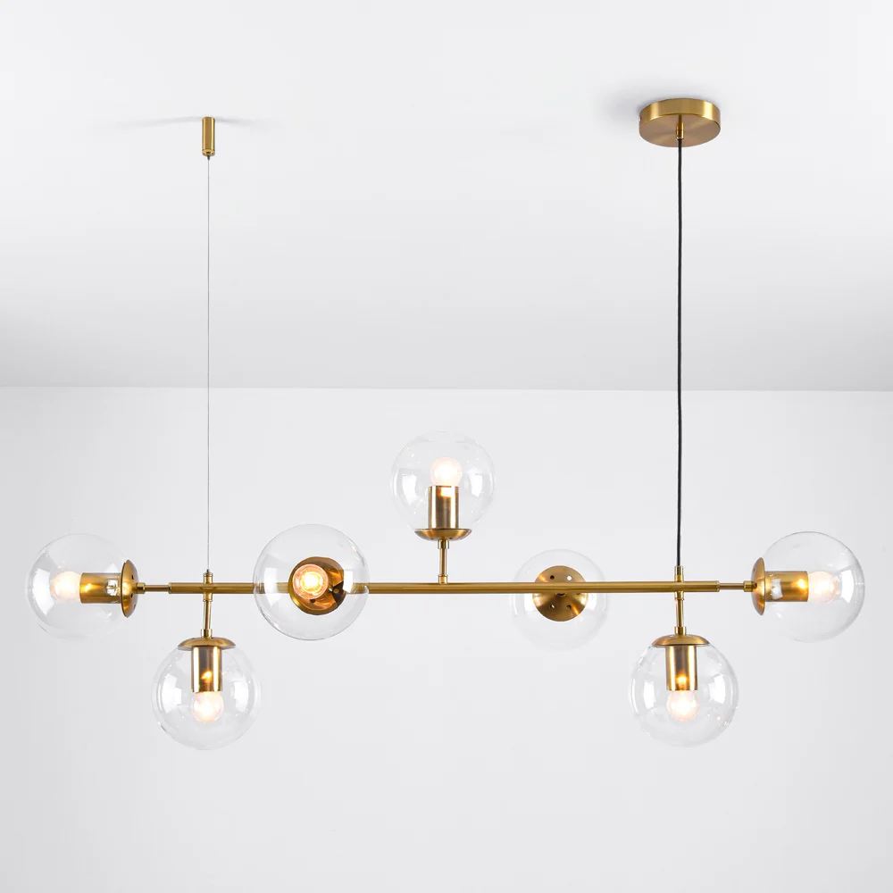 Design hanglamp Hepta goud met transparante glazen bollen