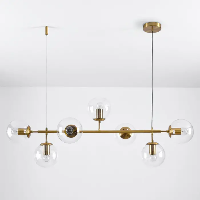 Design hanglamp Hepta goud met transparante glazen bollen