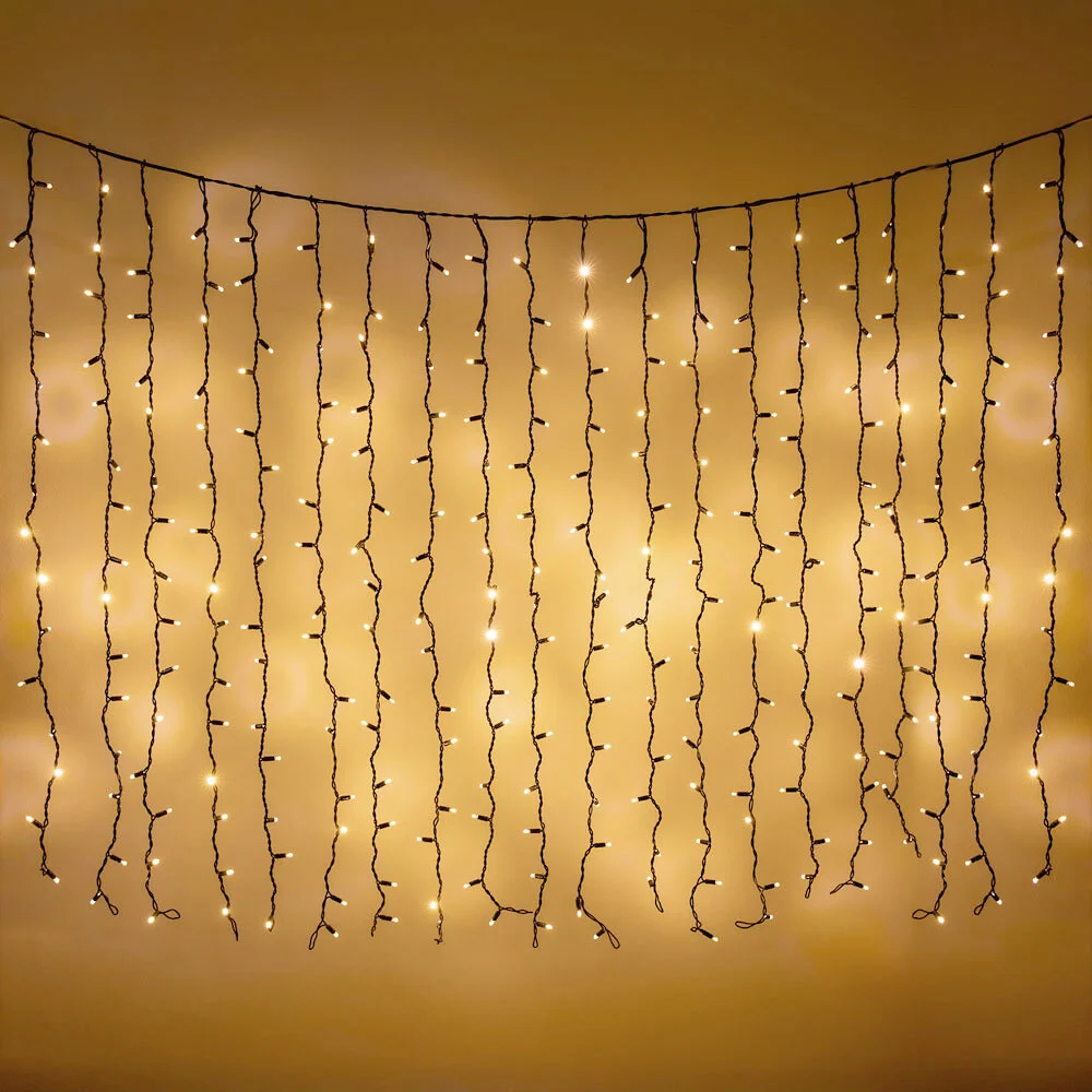 Lichtvorhang erweiterbar schwarz | ab 2 Meter | 300 LEDs | 2200K extra warmweiß | Gummi