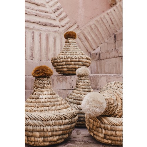 Raffia Pompom broodmand roestbruin 