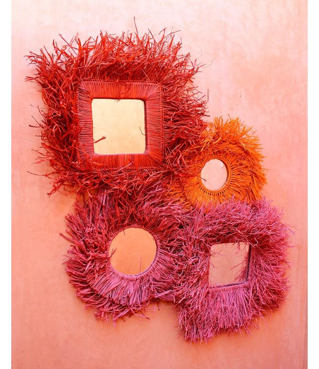 Raffia fringe spiegel rond | fuchsia paars