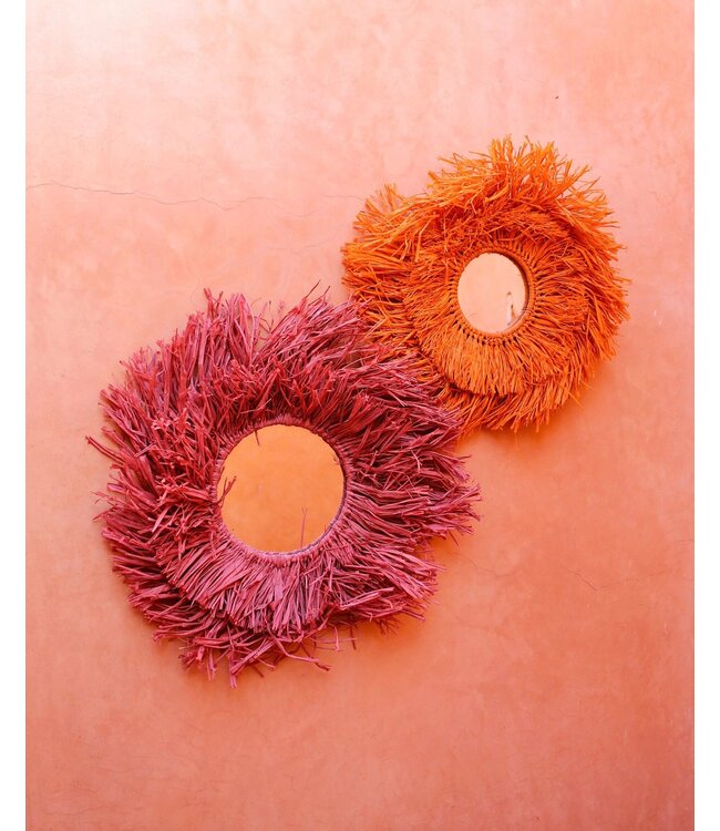Raffia fringe spiegel rond | fuchsia paars