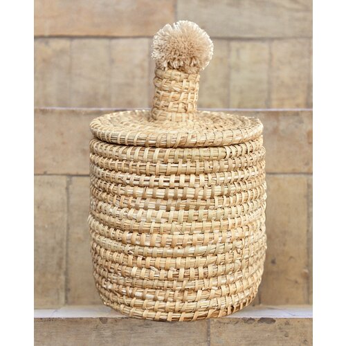 Raffia pompom broodmand beige L 