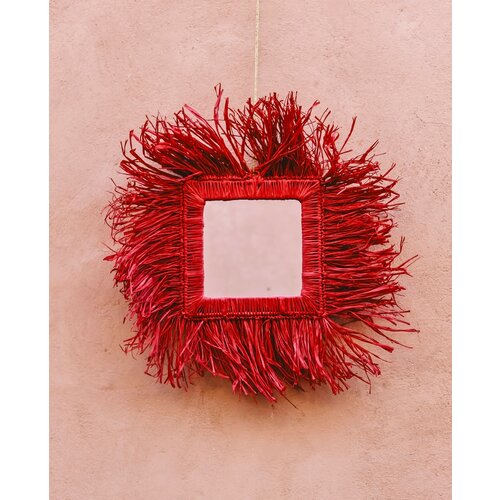 BACK SOON! Raffia fringe spiegel vierkant | rood BACK SOON! Raffia fringe spiegel vierkant | rood