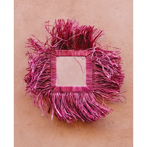 Raffia fringe spiegel vierkant | paars/roze 