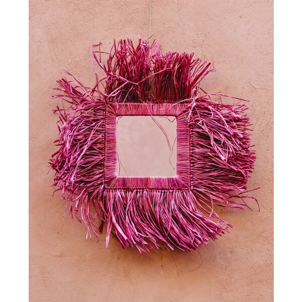 Raffia fringe spiegel vierkant | paars/roze