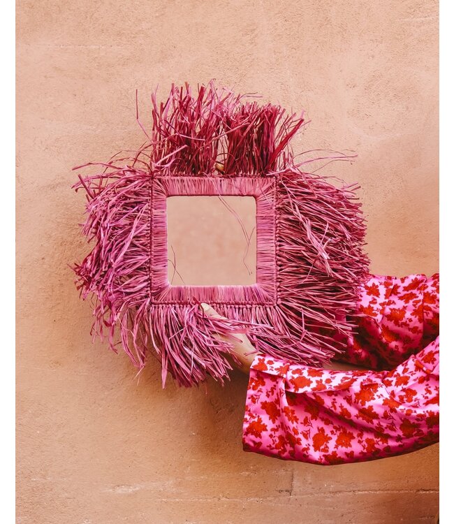 Raffia fringe spiegel vierkant | paars/roze