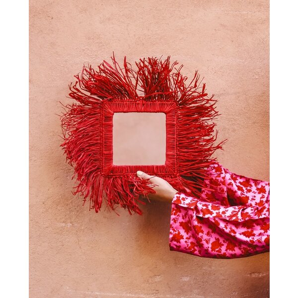 Raffia fringe spiegel vierkant | rood