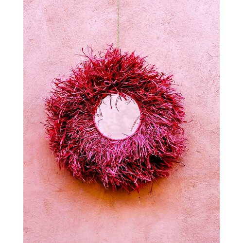 Raffia fringe spiegel rond | paars/roze 