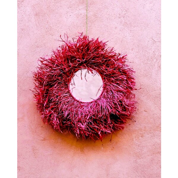 Raffia fringe spiegel rond | paars/roze