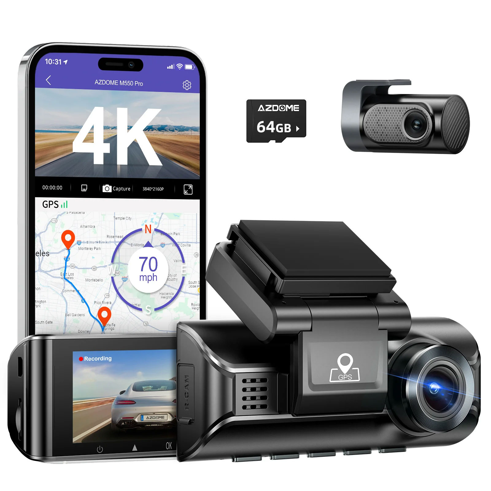 AZDome M550 Pro 2CH 4K Wifi GPS 64gb dashcam - Dashcamdeal