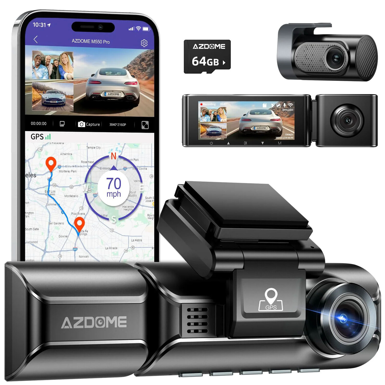 AZDome M550 Pro 3CH 4K Wifi GPS 64gb dashcam - Dashcamdeal