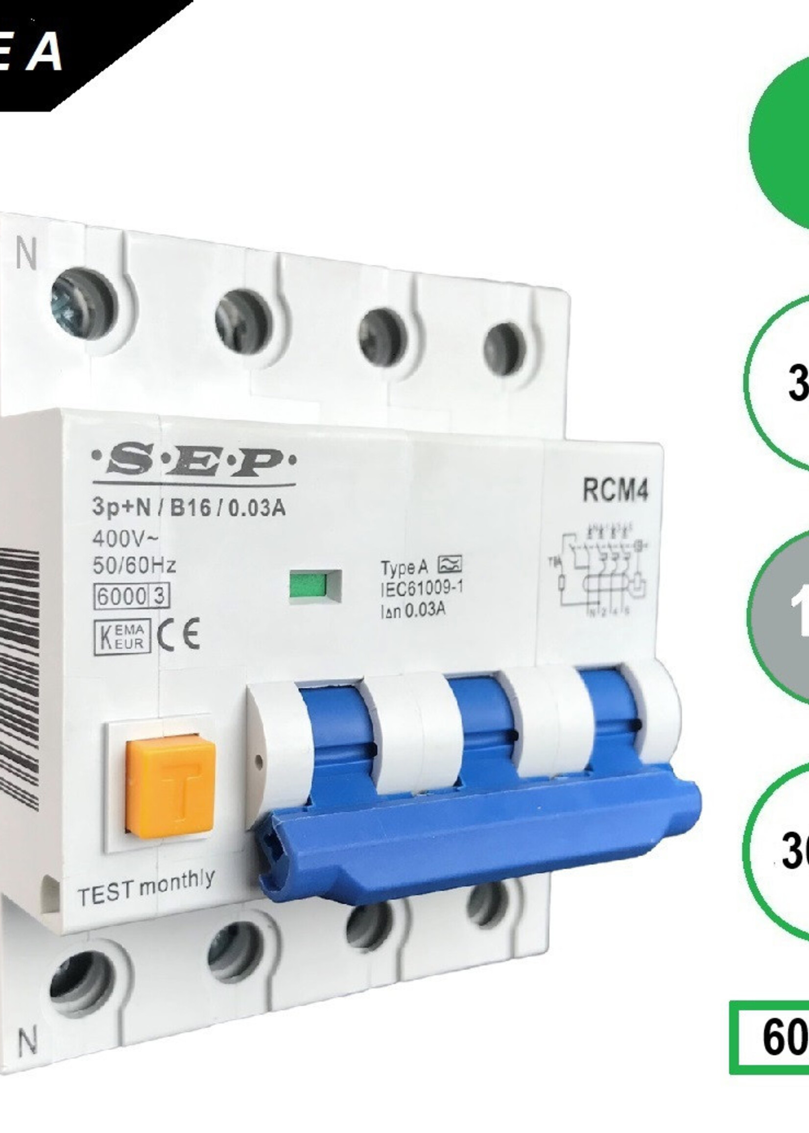 SEP Europe Aardlekautomaat RCM4 3p+n B16 30mA 6kA