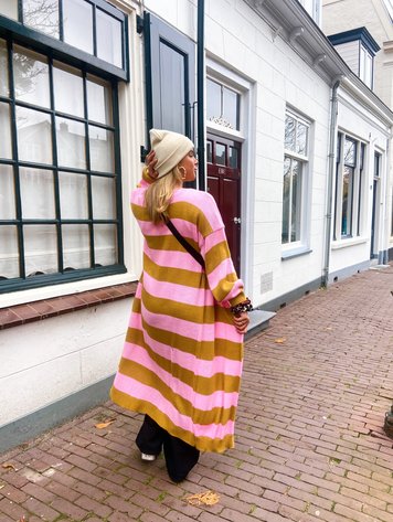 YOU ARE SPECIAL ''Oversized Striped'' Pink Beige Long Cardigan