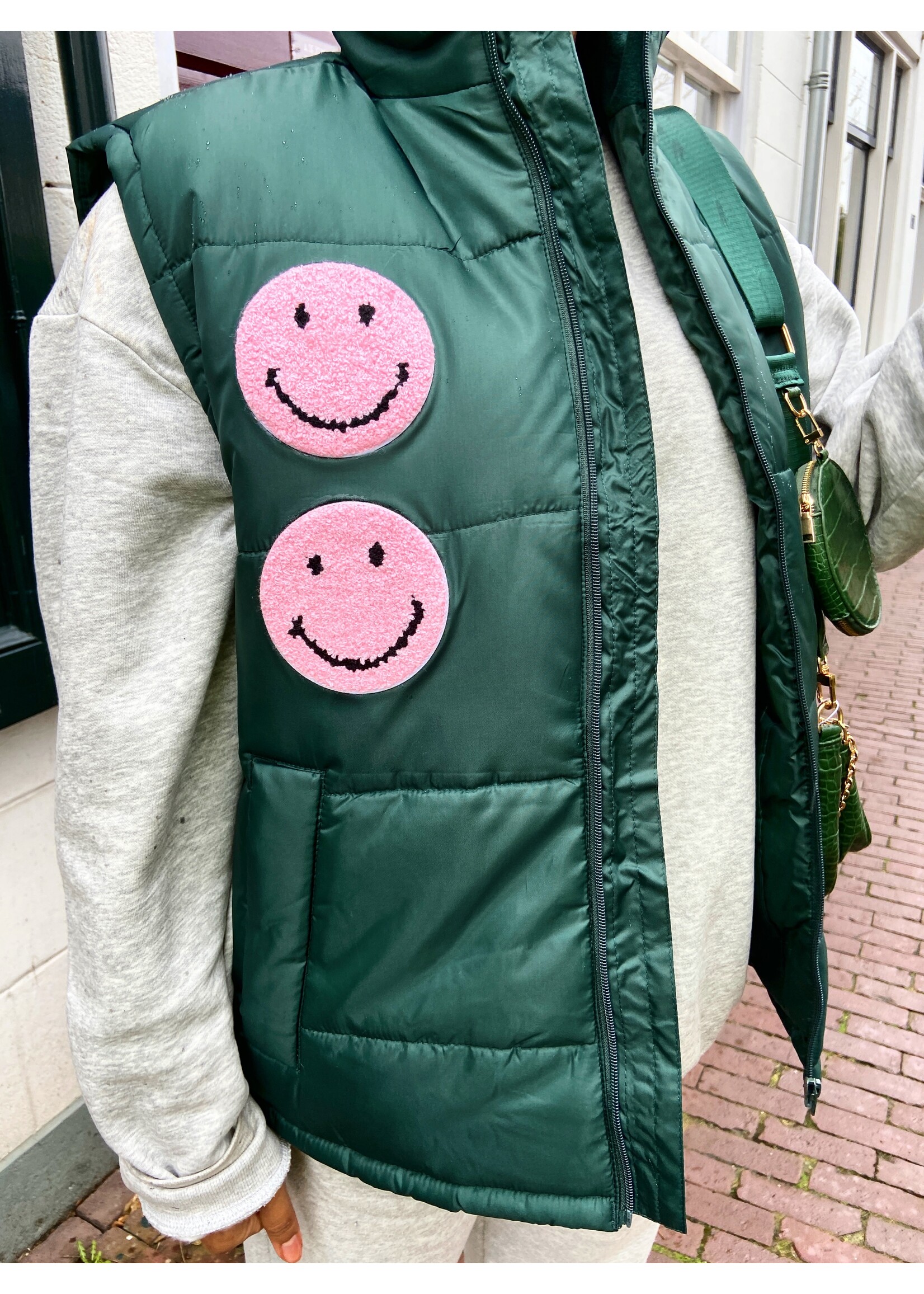 YOU ARE SPECIAL SOLD OUT! "Pink Smiley" Dark green Bodywarmer | 1 exemplaar