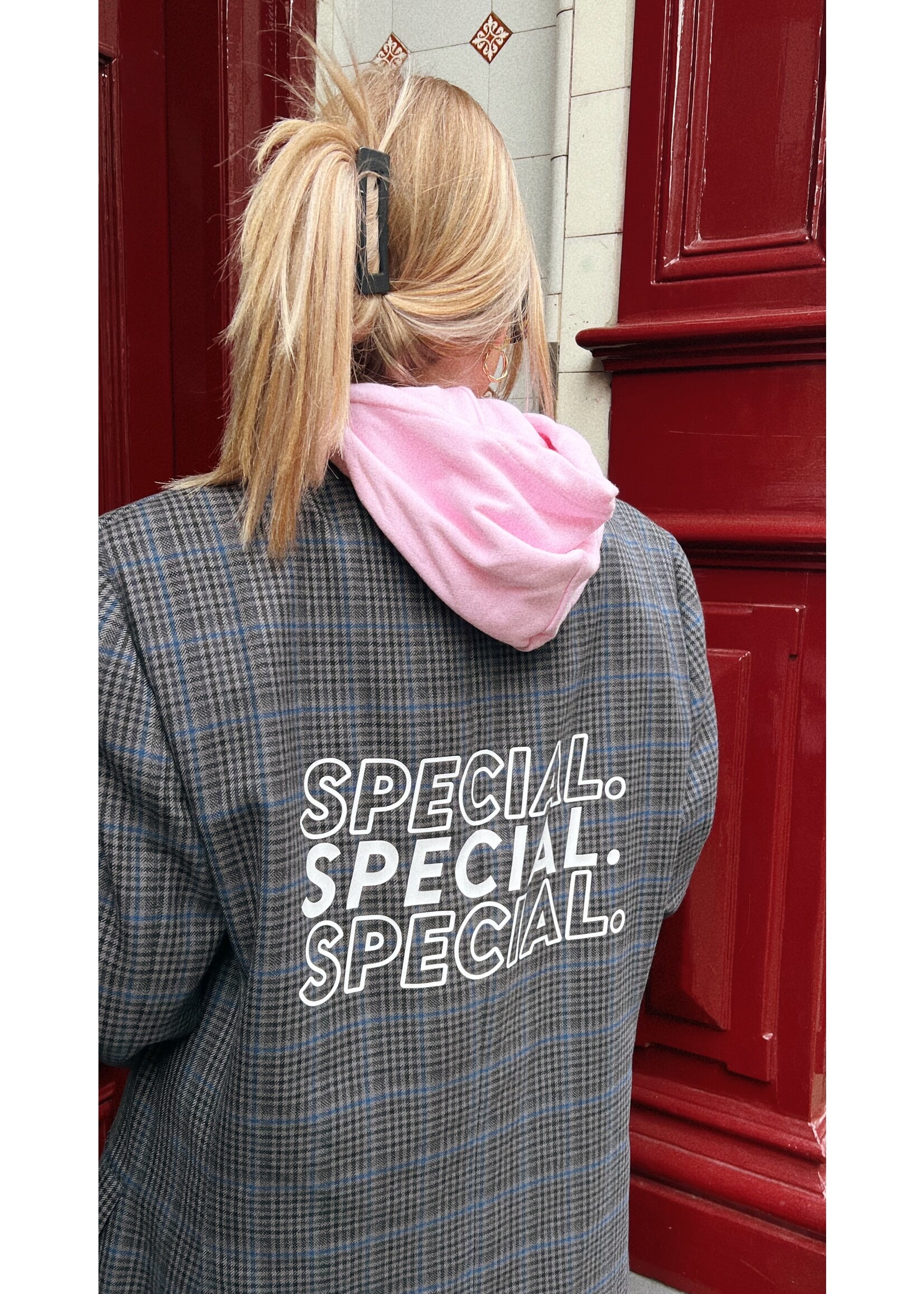 YOU ARE SPECIAL "Pink Butterfly" Checked Grey Blazer (1 exemplaar)