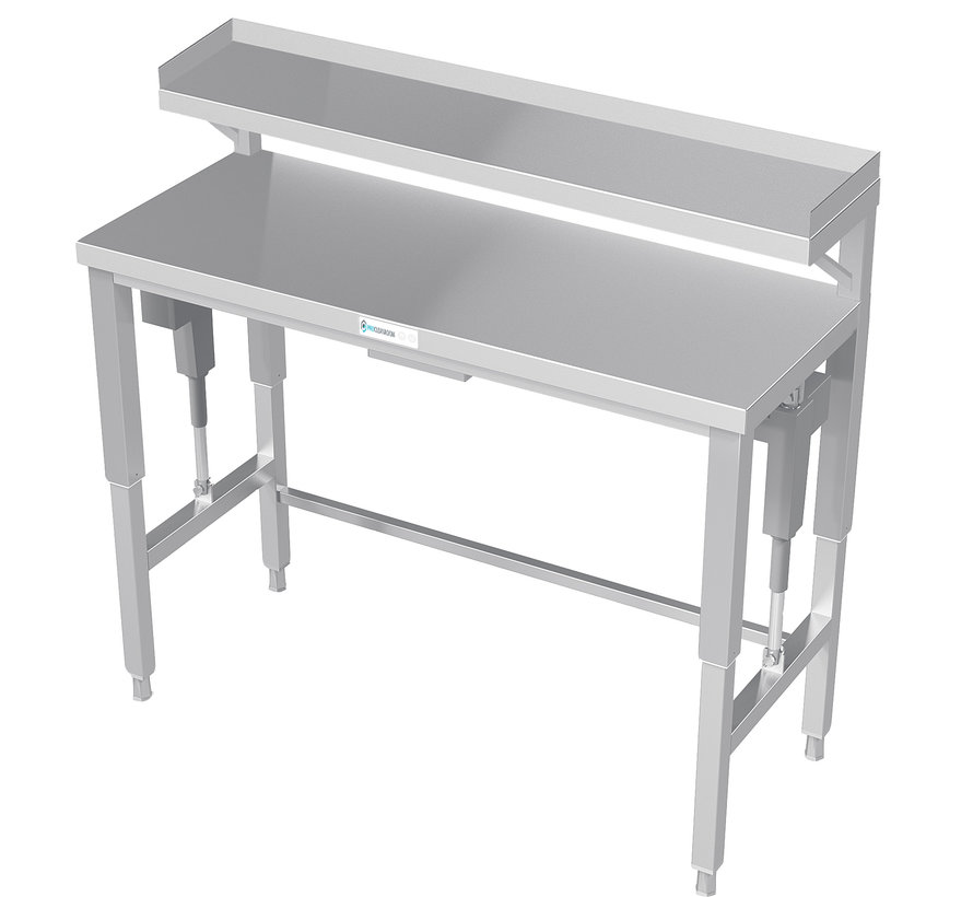 Stainless steel workbench electrically height-adjustable with shelf