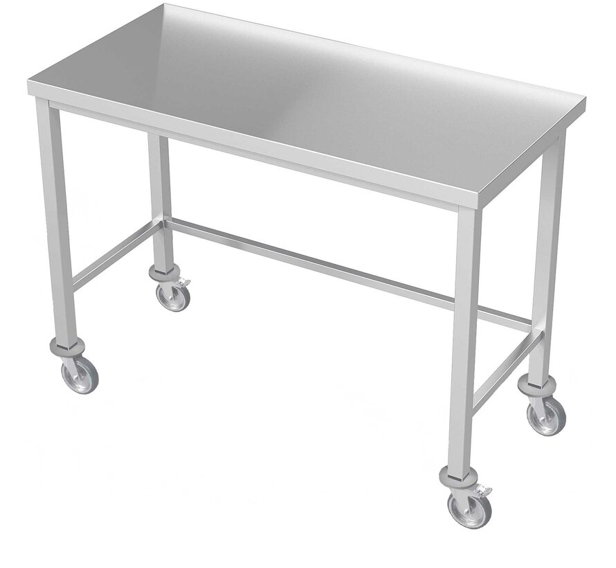 Stainless steel cleanroom work table with ø125 mm wheels